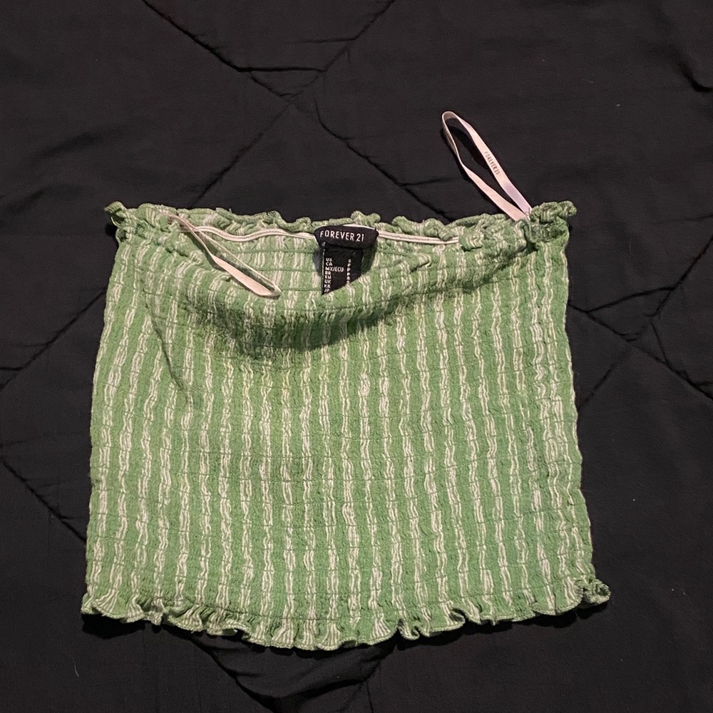 Forever 21 Green and White Smocked Striped Tube Top